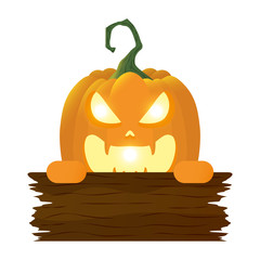 halloween pumpkin lamp with face and wooden label