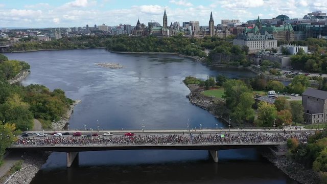 Climate strike protest in Ottawa Ontario Canada Aerial view of progressive activists