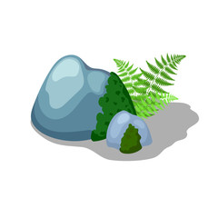Grey mossy stone and fern leaf, vector illustration on white background. Summer landscape element
