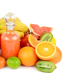 A set of fruits and juices isolated on a white background.