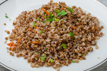 Boiled buckwheat in a plate