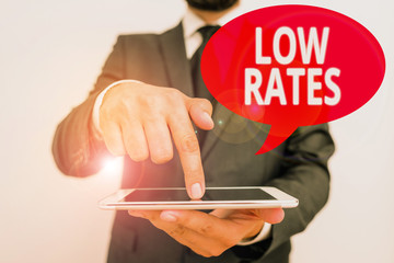 Word writing text Low Rates. Business photo showcasing A cost of an item or service which is usualy...