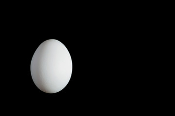 White chicken egg isolated on black. Side view. Copy space