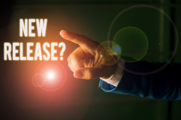 Word writing text New Release Question. Business photo showcasing asking about recent product or service newly unleashed Isolated hand pointing with finger. Business concept pointing finger