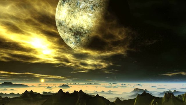 Alien Planet in Flaming Clouds. In the dark starry sky, a large planet among bright glowing clouds. Rocks and lowlands are covered with thick white fog. Above the horizon, a distant bright yellow sun.