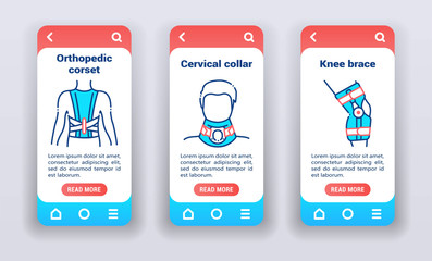 Fototapeta na wymiar Orthopedic diseases on mobile app onboarding screens. Line icons, corset, posture corrector, cervical collar, knee brace.