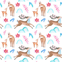 Cute reindeer and Christmas decor seamless pattern on white background. Christmas wrapping paper with watercolor illustration