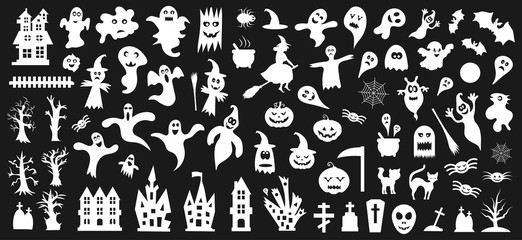 Set of white silhouettes of Halloween on a black background. Vector illustration
