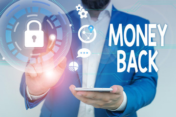Word writing text Money Back. Business photo showcasing get what you paid in return for defect or problem in product Male human wear formal work suit presenting presentation using smart device