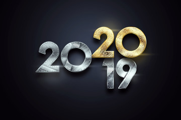 Creative design, Happy New Year, Metallic and gold numbers. Year 2019 is changing to 2020 Design on a dark background. Merry Christmas