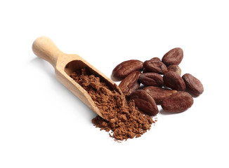 Wooden scoop, cocoa beans and powder isolated on white