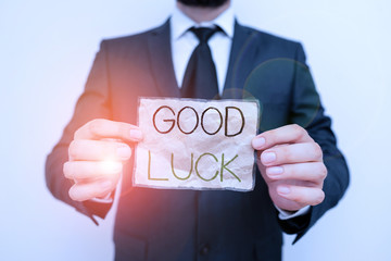 Writing note showing Good Luck. Business concept for A positive fortune or a happy outcome that a...