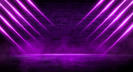 Background of an empty corridor with brick walls and neon light. Brick walls, neon rays and glow. Ultraviolet background of empty foggy street with wet asphalt, illuminated by a searchlight.