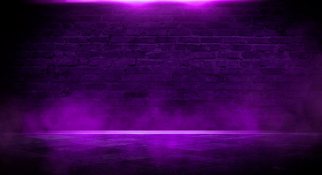 Background of an empty corridor with brick walls and neon light. Brick walls, neon rays and glow. Ultraviolet background of empty foggy street with wet asphalt, illuminated by a searchlight.