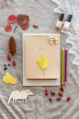 Fototapeta na wymiar autumn layout of stationery in warm colors with natural decor: leaves, fruits, cones on a knitted brown background, nobody, top view
