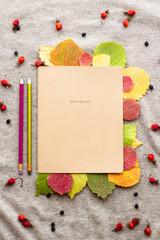 Fototapeta na wymiar the layout of stationery for study natural colors decorated with bright autumn dried leaves and rosehip fruit on a beige knitted background, top view