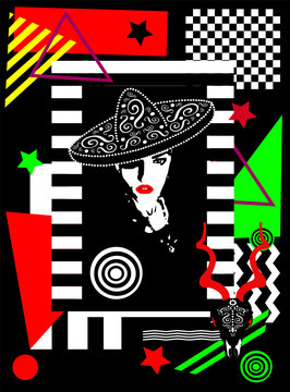 Girl with sombero, Day of the dead background, vivid colors