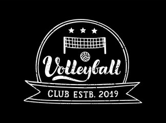 Volleyball club hand written lettering logo, emblem with ball, net and stars.