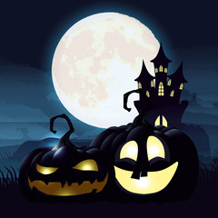 halloween dark night scene with pumpkins and castle