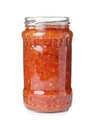 Fototapeta na wymiar Glass jar with pickled red sauce isolated on white