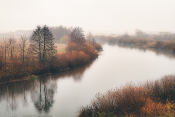 Autumn landscape. A small river, fog, trees with fallen leaves.