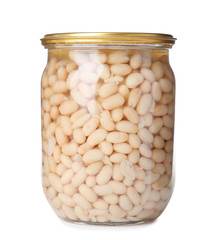 Glass jar with pickled beans isolated on white