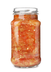 Jar with pickled vegetable sauce on white background