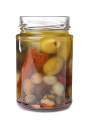 Jar with pickled vegetables on white background