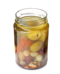 Jar with pickled vegetables on white background