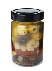 Jar with pickled vegetables on white background