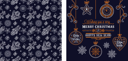 Christmas. Noel. Weihnachten. Christmas seamless pattern and lettering greeting card. Beautiful Christmas lilac purple violet lavender pattern and lettering greeting card