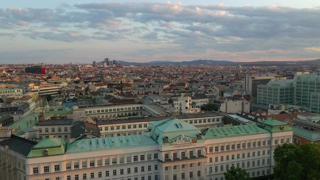 sunset sky flight over vienna city central district museum front aerial panorama 4k austria 