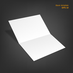 Vector illustration of open two fold paper sheet with shadow. Empty booklet on grey background. Blank can be used as a mock up, template and backgrounds for your own projects. EPS10 file.