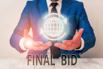 Text sign showing Final Bid. Business photo showcasing The decided cost of an item which is usualy...