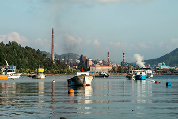 Zonguldak eregli district, fishing boats and erdemir iron and steel factory behind