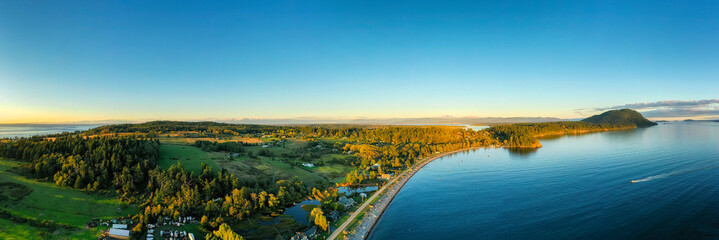 Aerial Panorama of Lummi Island, Washington. Located in the Puget Sound, Lummi Island is surrounded...