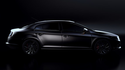 Fototapeta na wymiar Black sedan on dark background. 3D render illustration.