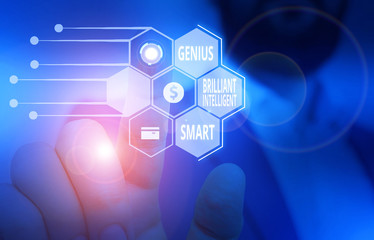 Text sign showing Genius Brilliant Intelligent Smart. Business photo showcasing Clever Bright Knowledge Intelligence Male human wear formal work suit presenting presentation using smart device