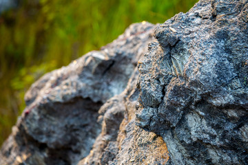 A rock in the shape of a scary skull in profile. The mica sheets and quartz silicate minerals. Bare geological rock rock among the vegetation on the ledges.