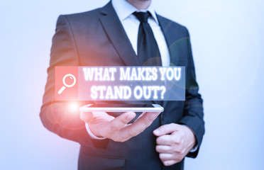 Word writing text What Makes You Stand Out Question. Business photo showcasing asking someone about...