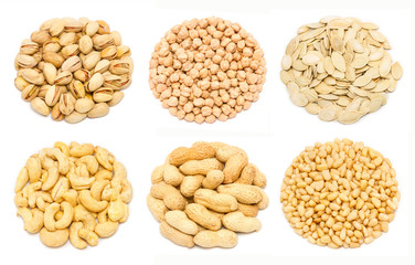 Set of nuts - pistachio nuts in the shell, chickpea seeds without shell, pumpkin seeds in the...