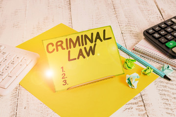 Conceptual hand writing showing Criminal Law. Concept meaning legal system which relates to...