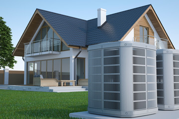 Air heat pump and house, 3d illustration  - obrazy, fototapety, plakaty