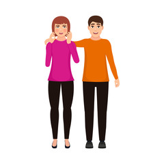 Fototapeta premium Happy guy hugged a girl, a young girl blushed with embarrassment vector Illustration on a white background
