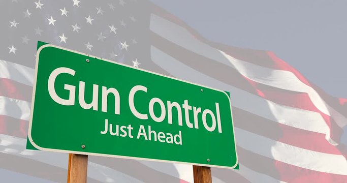 4k Gun Control Green Road Sign Over Ghosted American Flag