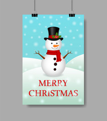 Christmas greeting card with snowman and snowfall.Realistic snowman greeting on Christmas holiday. Design Christmas illustration with snowman and text of Merry Christmas. vector greeting card