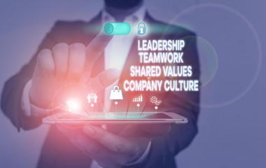 Handwriting text writing Leadership Teamwork Shared Values Company Culture. Conceptual photo Group Team Success Male human wear formal work suit presenting presentation using smart device