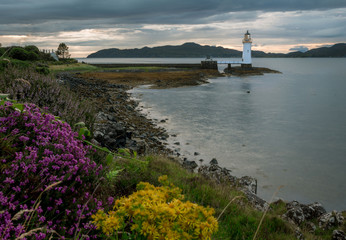 Landscape view. Tobermory Lighthouse at sunset . Isle of Mull. Moody cloudy sky over mountains in background. Yellow and purple wild flowers in foreground. Argyll and Bute, Scotland. UK. Seascape