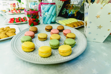 Macarons in the candy bar of a wedding.