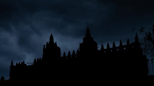 Great Mud Mosque of Djenne: Lightning and Thunderstorm Time Lapse by Night, one of the most Famous Landmarks in Africa, Mali